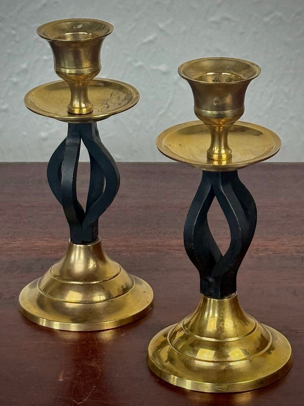 Solid Brass India Candlestick Pair Black Stem Taper Candle Holders